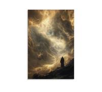 Scrolls of Light Swirl through A Stormy Sky, Guided by Angels Toward A Mountaintop Where A Lone Monk Awaits in Silence. Contemporary Wall Mural - Decorative Hanging Poster Art 08x12inch(20x30cm)