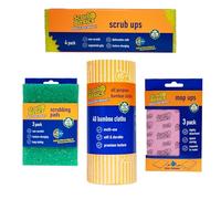 Scrub Basics 4 Piece Bundle - 4 Scrub Ups Sponges, 3 Scrubbing Pads, 3 Mop Ups Absorbent Sponge Cloths & 1 Roll (40 Sheets) All Purpose Bamboo Cloths - Non Scratch for Kitchen, Cleaning & Washing Up