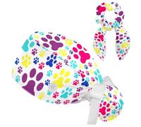 Scrub Cap Women, Working Cap Ponytail Pouch, Dog Cat Paw Adjustable Stretchy Band Tie Back Skull Hats