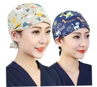 Scrub Caps 2Pcs Animal Pattern Scrub Caps with Sweat Towel Soft Cotton Nursing Hat with Adjustable Strap & Button Cartoon Surgical Cap Nurse Ponytail Holder for Work.
