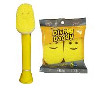 Scrub Daddy Dish Daddy Wand & Refill Heads, Soap Dispensing Dish Brush, Texture Changing Washing Up Sponge With Liquid Handle, Handle Sponge and Built-in Scraper & Scrubbing Head, Drip stand, Yellow