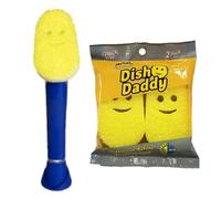 Scrub Daddy Dish Daddy Wand & Refill Heads, Soap Dispensing Dish Brush, Texture Changing Washing Up Sponge With Liquid Handle, Handle Sponge with Built-in Scraper & Scrubbing Head, Drip stand, Blue