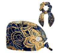 Scrub Hat,Working Head Cover with Buttons and Cotton Sweatband,Blue and Gold Mandala Pattern