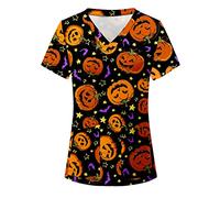 Scrub Top Women, Halloween Womens Workwear Tops Stretch Work Shirt Short Sleeve V-Neck Dog Grooming Top Working Uniform Comfortable Loose Women Shirt Halloween Pumpkin Print Beauty Tunic