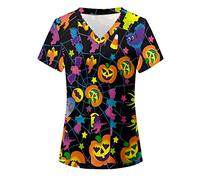 Scrub Top Women, Halloween Womens Workwear Tops Stretch Work Shirt Short Sleeve V-Neck Dog Grooming Top Working Uniform Comfortable Loose Women Shirt Halloween Pumpkin Print Beauty Tunic