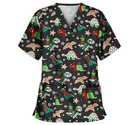 Scrub Tops for Women UK Care Work Shirt Wrap Mock Graphic Santa Claus Doctors Hospital with Pockets Scrub Tops for Women Cat Grooming Utility Shirt Dog Grooming Nurses Top Nursing Healthcare Uniform