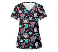 Scrub Tops for Women UK Medical Uniform Nurse Hospital Tops Cute Animal Print V-Neck Work Beauty Tunics Salon Doctors Healthcare Short Sleeve Work Wear Blouse with Pockets S-3XL