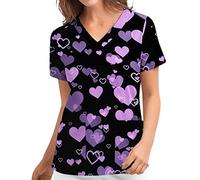 Scrub Tops for Women UK Patterned Summer Heart Print Workwear Uniform Medical Short Sleeve V Neck Tunic Tops Nurse with Pocket Beauty Housekeeping Nursing Clothes 01 Purple XL