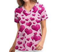 Scrub Tops for Women UK Patterned Summer Heart Print Workwear Uniform Medical Short Sleeve V Neck Tunic Tops Nurse with Pocket Beauty Housekeeping Nursing Clothes 01 Pink M