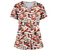 Scrub Tops for Women UK Xmas Graphic Short Sleeve Nurses Top Cat Grooming Classic Fit Uniform Tunics Nurse Uniforms Mock Wrap Utility Shirt Workwear Work Tops Cat Grooming Ladies Scrubs