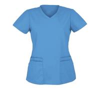 Scrub Tops for Women UK Zip Up Beauty Tunic Lapel V Neck Nurses Uniform Women's Clinic Tunic Salon Hairdressing Spa Beautician Work Wear Tops Halloween Cosplay Outfit (Light Blue, L)