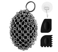 Scrubber for Cast Iron Pan, Pot Cleaner with 2 Scrapers,Chain Mail Cleaning Brush for Dishes, Pots, Pans, Griddles, Grills (Black, Oval Shape)