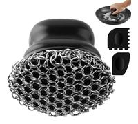 Scrubber for Cast Iron Pan, Pot Cleaner with 2 Scrapers,Chain Mail Cleaning Brush for Dishes, Pots, Pans, Griddles, Grills (Black, Large Chain Mail)