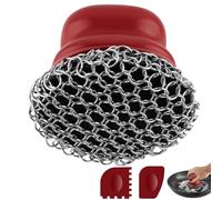 Scrubber for Cast Iron Pan, Pot Cleaner with 2 Scrapers,Chain Mail Cleaning Brush for Dishes, Pots, Pans, Griddles, Grills (Red, Large Chain Mail)