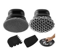 Scrubber for Cast Iron Pan, Pot Cleaner with 2 Scrapers,Chain Mail Cleaning Brush for Dishes, Pots, Pans, Griddles, Grills (Black, Small+Large Chain Mail,2pcs)