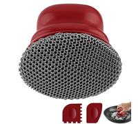 Scrubber for Cast Iron Pan, Pot Cleaner with 2 Scrapers,Chain Mail Cleaning Brush for Dishes, Pots, Pans, Griddles, Grills (Red, Large Chain Mail)