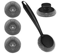 Scrubber with Handle Comes with Three Replacement Balls Steel Wool, Short Handle Scrubber, Steel Wool Scrubber Supplies Dish Scrubber, Stainless Steel Scrubber Tool Metal Scrubber for Dishes