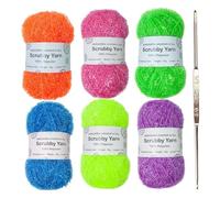 Scrubby Yarn Set - Durable 6 Rolls Polyester Yarn With Crochet Hook | 1mm Thick, 50g Per Roll, 110m Length, Multicolor Assorted Yarns For Dishcloths, Towels, Cleaning, DIY Crochet, Home Craft, Easy To