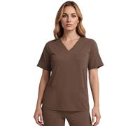 Scrubs Top for Women, V-Neck Women's Care Tunic, Short Sleeve Work Clothing for Nurses, Dentists, Doctors, Veterinarians, Students (UK, Alpha, S, Regular, Regular, Brown)