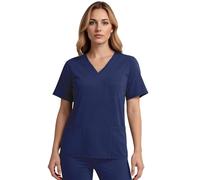 Scrubs Top for Women, V-Neck Women's Care Tunic, Short Sleeve Work Clothing for Nurses, Dentists, Doctors, Veterinarians, Students (UK, Alpha, XS, Regular, Regular, Dark Blue)
