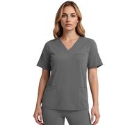 Scrubs Top for Women, V-Neck Women's Care Tunic, Short Sleeve Work Clothing for Nurses, Dentists, Doctors, Veterinarians, Students (UK, Alpha, L, Regular, Regular, Dark Grey)