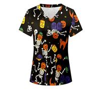 Scrubs Tops Women, Women's Beauty Tunic Halloween Graphic Print Stretch Work Shirt Short Sleeve V Neck Dog Grooming Top Loose Nurse Scrub Workwear Nursing Shirt Healthcare Tunic Uniform with Pockets