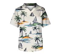 Scrubs Uniforms Summer Hawaiian Medical Uniforms & Scrubs Adult's Durable Short Sleeve Tropical Tunic Top with Pockets Mens Shirts Funky UK Nursing Workwear Beach Shirt(Khaki,L)