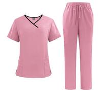 Scrubs Uniforms Women Set, Female Medical Uniforms & Scrubs Durable Short Sleeve V Neck Tunic Top and Pants with Pockets, Nursing Workwear Suits for Beauty Center(A33 Pink,S)