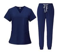 Scrubs Uniforms Women Set, Female Medical Uniforms & Scrubs Durable Short Sleeve V Neck Tunic Top and Pants with Pockets, Nursing Workwear Suits for Beauty Center(A05 Navy,XXL)