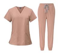 Scrubs Uniforms Women Set, Female Medical Uniforms & Scrubs Durable Short Sleeve V Neck Tunic Top and Pants with Pockets, Nursing Workwear Suits for Beauty Center(A06 Pink,M)
