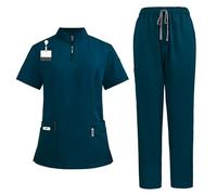 Scrubs Uniforms Women Set, Female Medical Uniforms & Scrubs Durable Short Sleeve V Neck Tunic Top and Pants with Pockets, Nursing Workwear Suits for Beauty Center(A39 Dark Green,L)