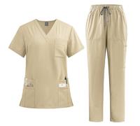 Scrubs Uniforms Women Set, Female Medical Uniforms & Scrubs Durable Short Sleeve V Neck Tunic Top and Pants with Pockets, Nursing Workwear Suits for Beauty Center(A13 Khaki,M)