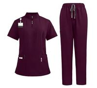Scrubs Uniforms Women Set, Female Medical Uniforms & Scrubs Durable Short Sleeve V Neck Tunic Top and Pants with Pockets, Nursing Workwear Suits for Beauty Center(A45 Wine,M)