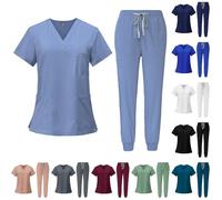 Scrubs Uniforms Women Set, Female Medical Uniforms & Scrubs Durable Short Sleeve V Neck Tunic Top and Pants with Pockets, Nursing Workwear Suits for Beauty Center(A01 Light Blue,S)