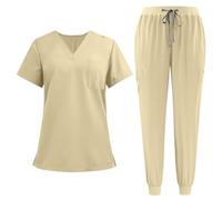 Scrubs Uniforms Women Set, Female Medical Uniforms & Scrubs Durable Short Sleeve V Neck Tunic Top and Pants with Pockets, Nursing Workwear Suits for Beauty Center(A23 Khaki,L)