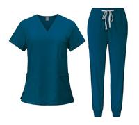 Scrubs Uniforms Women Set, Female Medical Uniforms & Scrubs Durable Short Sleeve V Neck Tunic Top and Pants with Pockets, Nursing Workwear Suits for Beauty Center(A08 Turquoise,L)