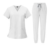 Scrubs Uniforms Women Set, Female Medical Uniforms & Scrubs Durable Short Sleeve V Neck Tunic Top and Pants with Pockets, Nursing Workwear Suits for Beauty Center(A10 White,S)