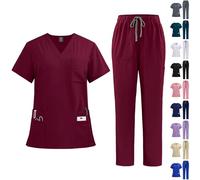 Scrubs Uniforms Women Set, Female Medical Uniforms & Scrubs Durable Short Sleeve V Neck Tunic Top and Pants with Pockets, Nursing Workwear Suits for Beauty Center(A11 Wine,XXL)