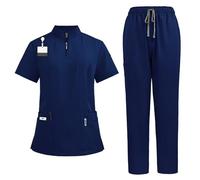 Scrubs Uniforms Women Set, Female Medical Uniforms & Scrubs Durable Short Sleeve V Neck Tunic Top and Pants with Pockets, Nursing Workwear Suits for Beauty Center(A40 Dark Blue,S)