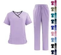 Scrubs Uniforms Women Set, Female Medical Uniforms & Scrubs Durable Short Sleeve V Neck Tunic Top and Pants with Pockets, Nursing Workwear Suits for Beauty Center(A28 Light Purple,S)