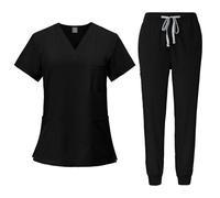 Scrubs Uniforms Women Set, Female Medical Uniforms & Scrubs Durable Short Sleeve V Neck Tunic Top and Pants with Pockets, Nursing Workwear Suits for Beauty Center(A02 Black,L)