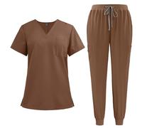 Scrubs Uniforms Women Set, Female Medical Uniforms & Scrubs Durable Short Sleeve V Neck Tunic Top and Pants with Pockets, Nursing Workwear Suits for Beauty Center(A21 Brown,M)