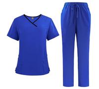 Scrubs Uniforms Women Set, Female Medical Uniforms & Scrubs Durable Short Sleeve V Neck Tunic Top and Pants with Pockets, Nursing Workwear Suits for Beauty Center(A34 Royal Blue,M)