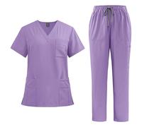 Scrubs Uniforms Women Set Medical Uniform Set for Women V Neck Short Sleeve Top with Pocket and Drawstring Waist Pants Quick Dry Breathable Workwear Scrub Sets Nursing Hospital Uniform Purple S