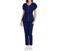 Scrubs Uniforms Women Set Scrubs Set Womens Scrubs Set Short Sleeve Dog Grooming Nursing Uniform Sets Healthcare Zip Up Beauty Tunic Outfits Hospital Beauty Salon Scrub Sets with Tie Front Waist