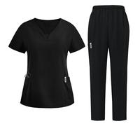 Scrubs Uniforms Women Set UK 2 Piece Outfit V Neck Short Sleeve Scrubs Tops and Drawstring Pants Solid Color Lounge Wear Set Womens Tracksuits Nurse Trouser Uniform Workwear for Beauty Center Black