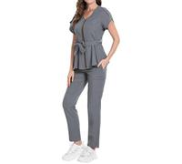 Scrubs Uniforms Women's Scrubs Set Short Sleeve Dog Grooming Nursing Uniform Zip Up Beauty Tunic Outfits Hospital Beauty Salon Scrub Sets with Tie Front Waist