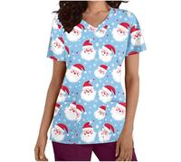 Scrubs Women Christmas Medical Uniforms & Scrubs V Neck Short Sleeve Funny Xmas Santa Claus Print Jumpers Loose Tunic Short Sleeve Uniform Top Dressy Shirt Pockets Practical Caregiver Workwear L