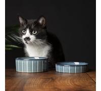 Scruffs Ceramic Heavy Duty Reactive Glaze Cat Bowls - 2pc Set - Grey Pinstripe