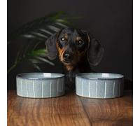 Scruffs Ceramic Heavy Duty Reactive Glaze Pet Bowls - 2pc Set - Grey Pinstripe - 13cm